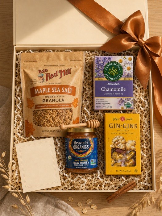 The Slow Morning gift box, open — Bob's Red Mill maple sea salt granola, Heavenly Organics raw honey with a wooden dipper, Traditional Medicinals chamomile tea and Gin Gins ginger chews in a cream box with a copper ribbon