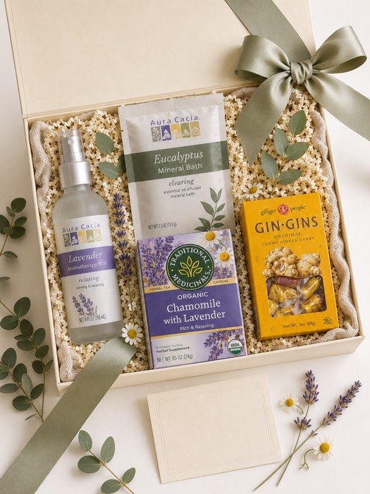 The Soft Reset gift box, open — Aura Cacia lavender aromatherapy mist and eucalyptus mineral bath, Traditional Medicinals chamomile tea and Gin Gins ginger chews in a cream box with a sage ribbon